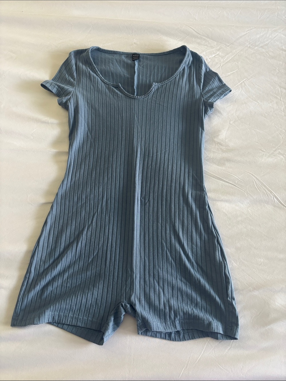 SHEIN Ribbed Short-Sleeve Romper in Blue